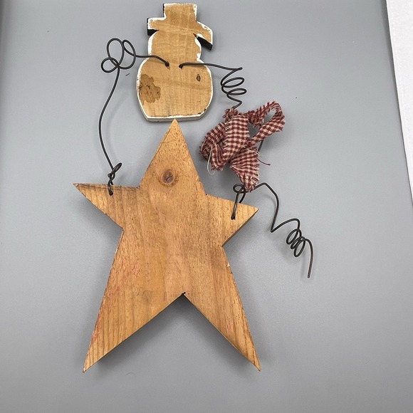 Vtg Wooden Star Snowman Farm House Christmas Decor Standing Wire Primitive Folk - Picture 2 of 3